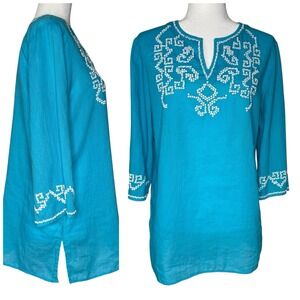 Chicos Small Linen Cotton‎ Tunic Top Beaded Turquoise Shirt Coastal Western